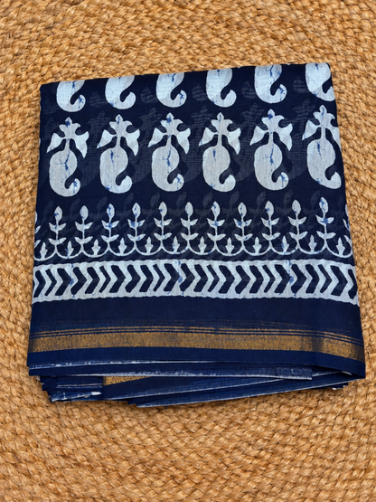 Pure Handloom Chanderi Cotton - Indigo Blue with Mango motifs