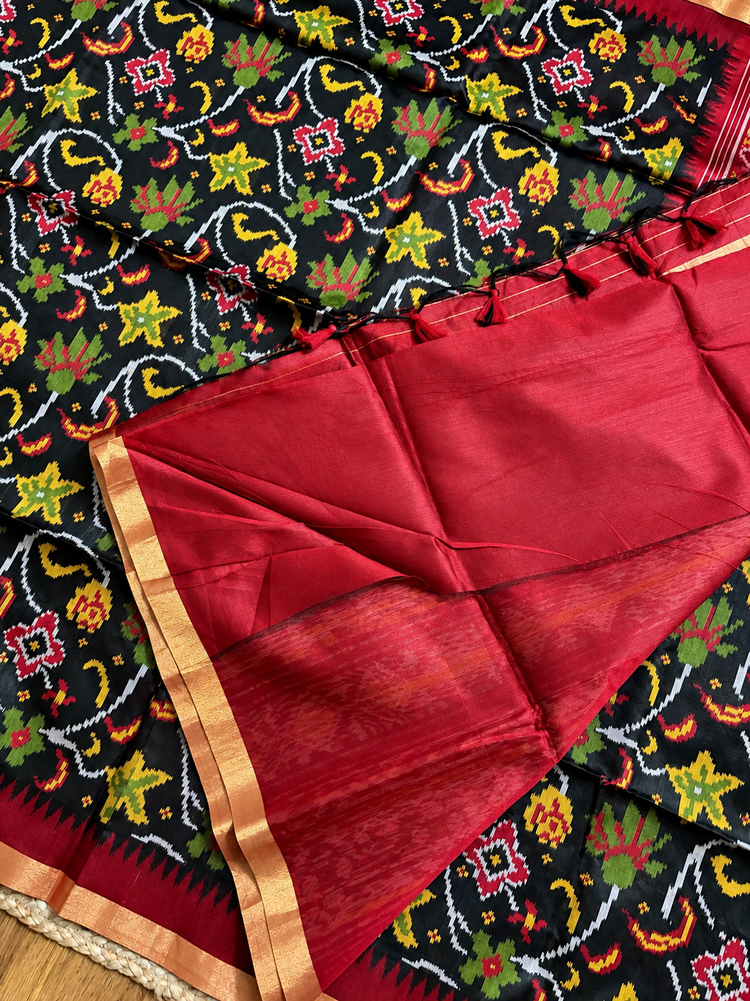Raw Silk - Black & Maroon woven in Ikat pattern