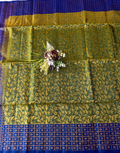 Pure Handloom Soft Silk - Brocade Green & Royal Blue