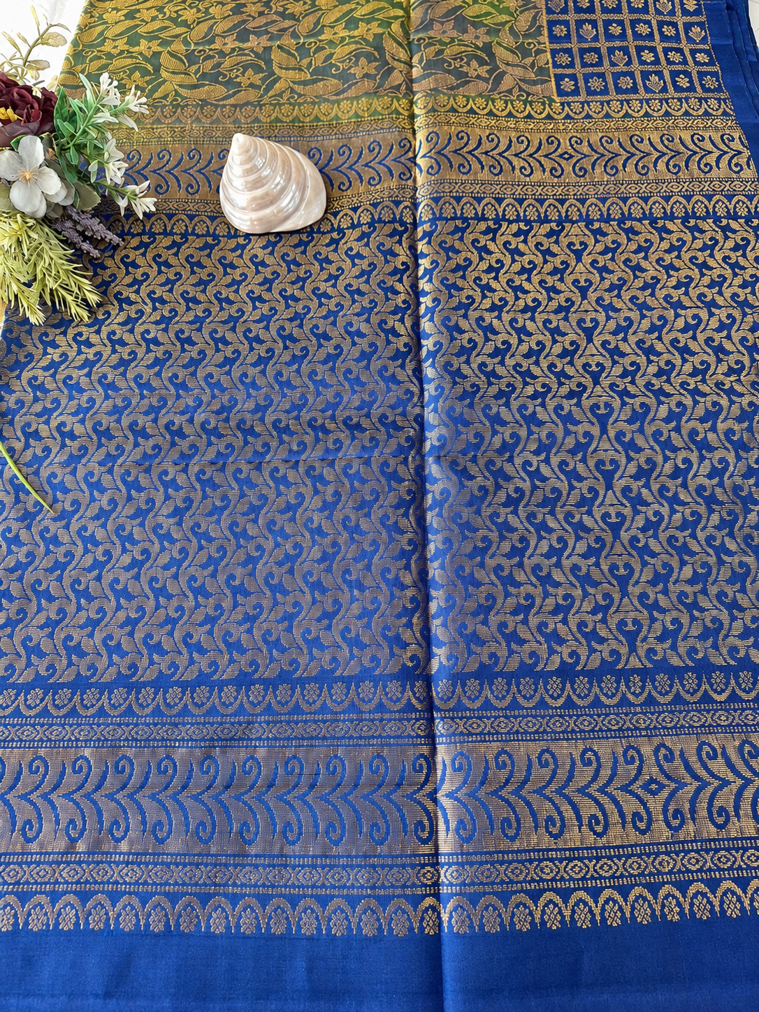 Pure Handloom Soft Silk - Brocade Green & Royal Blue
