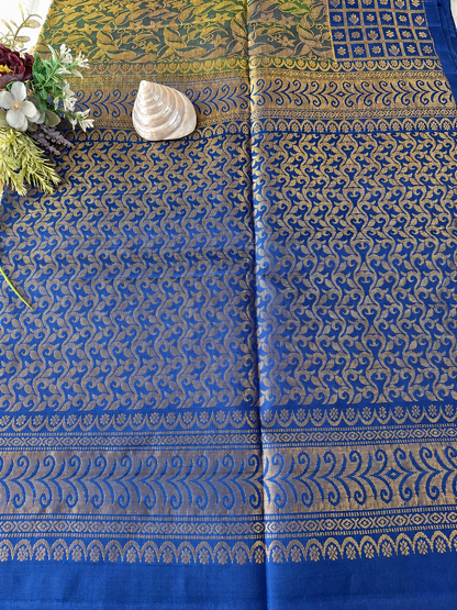 Pure Handloom Soft Silk - Brocade Green & Royal Blue