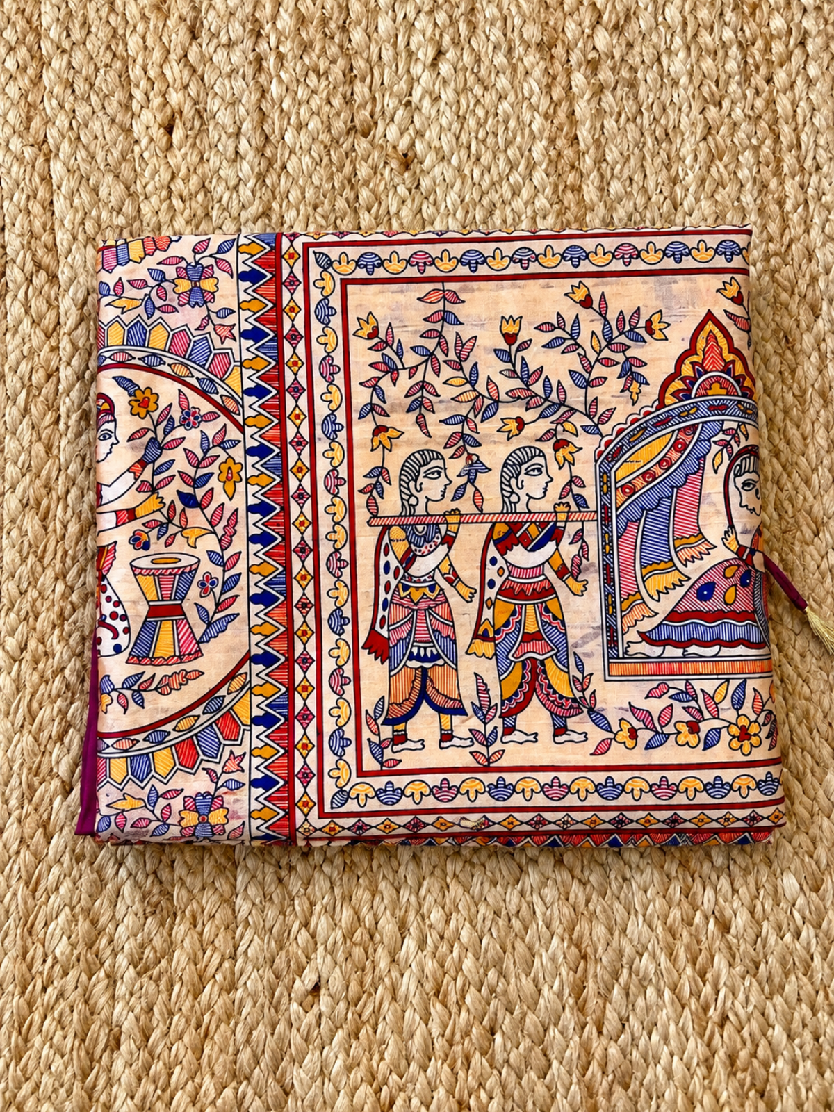 Khadi Raw Silk - Magenta Madhubani Design with Gold border