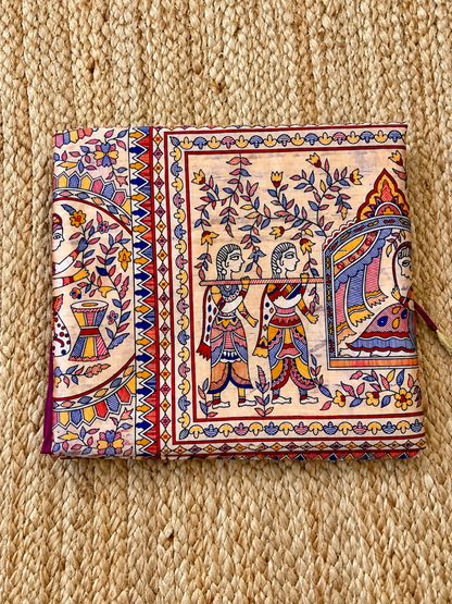 Khadi Raw Silk - Magenta Madhubani Design with Gold border