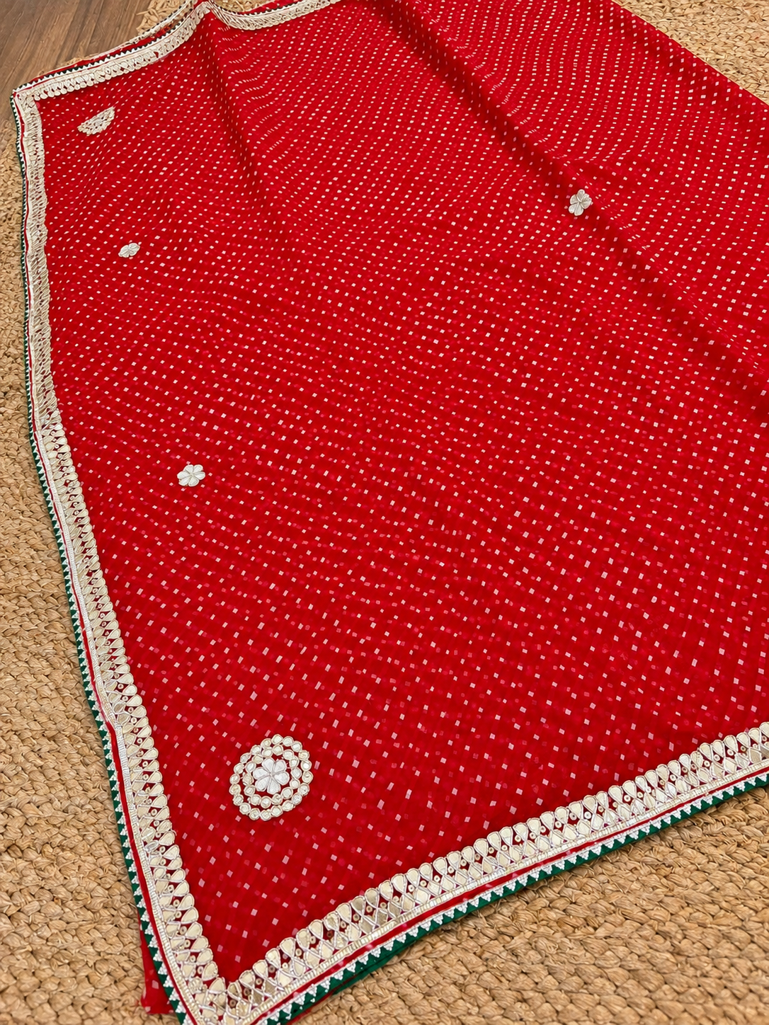 Rajasthani Mothda Saree - Red & Green lined border
