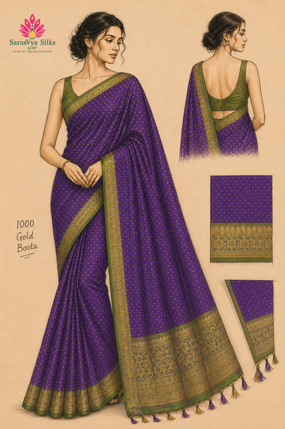 Pure Handloom Soft Silk - Vibrant Purple & Apple Green 1000 Boota & Kanchi Border