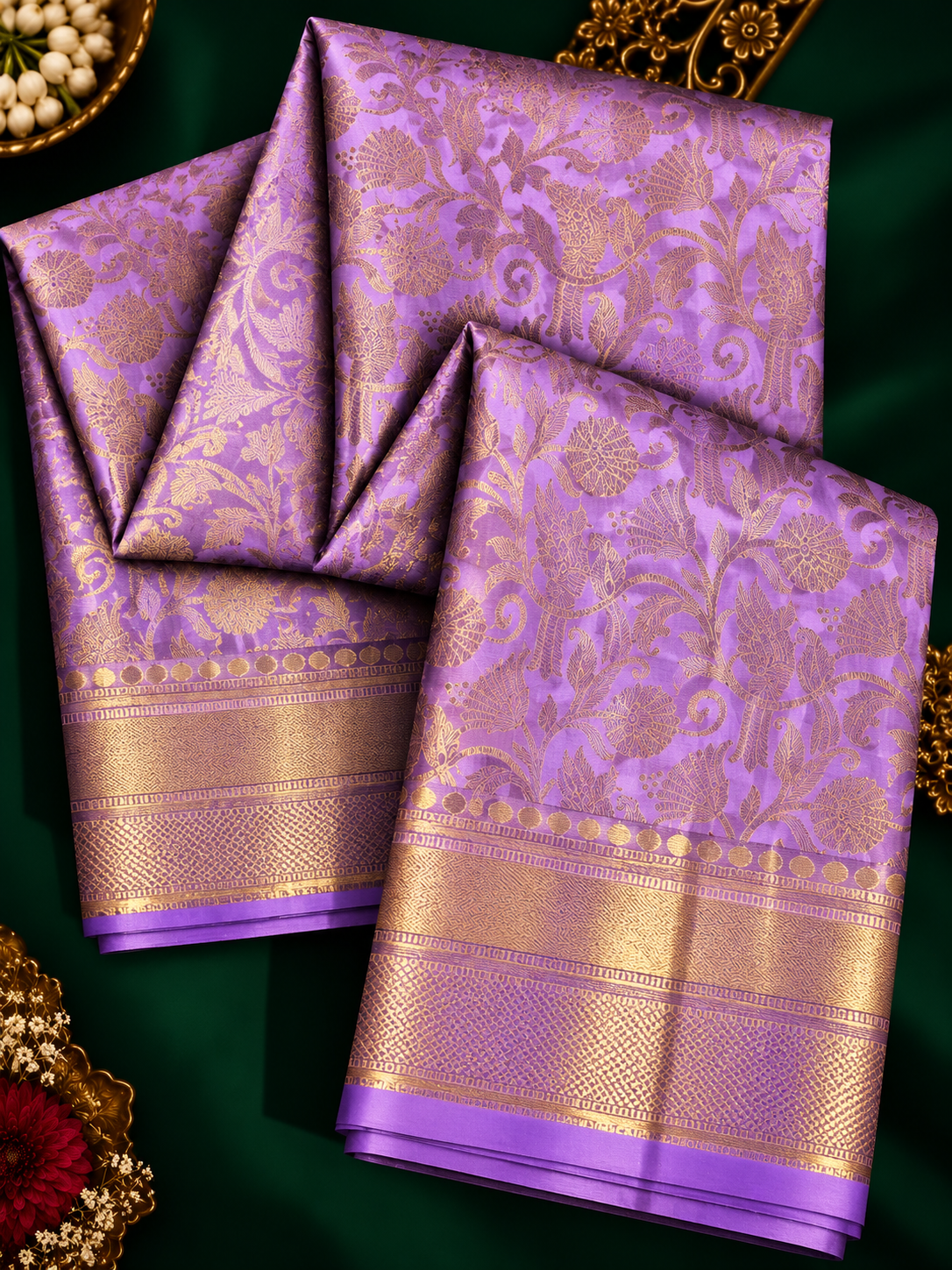 Pure Handloom Silk Kanjeevaram - Mauve Winged duo & Golden zari border