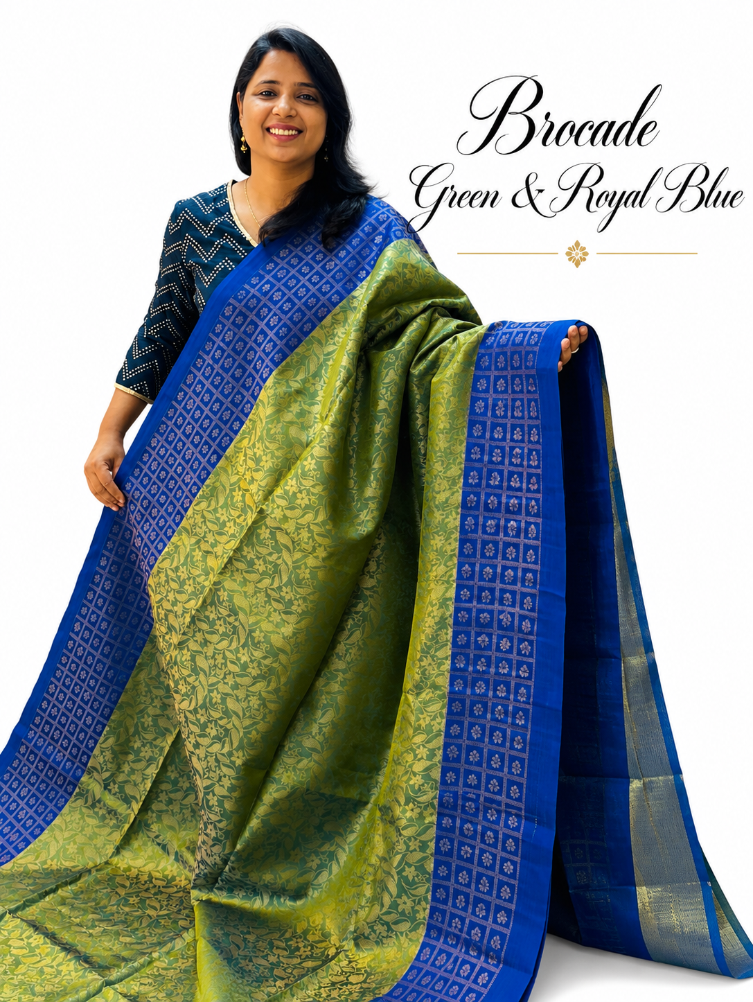 Pure Handloom Soft Silk - Brocade Green & Royal Blue