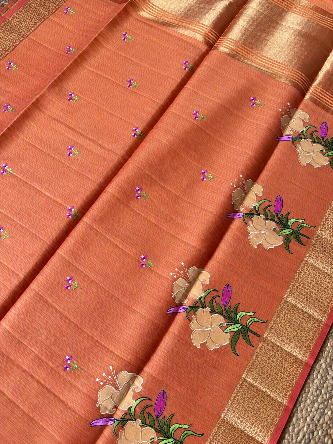 Jute Cotton - Orange with floral Applique work