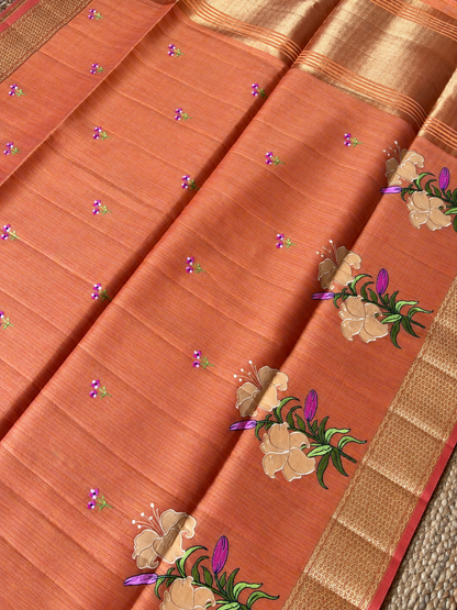 Jute Cotton - Orange with floral Applique work