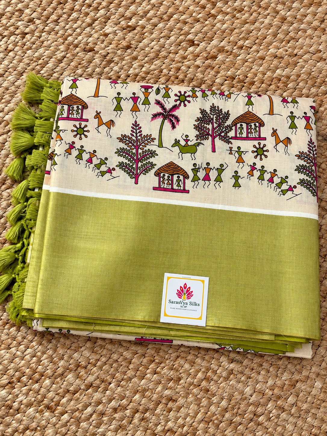 Pure Cotton Tissue - Folk Tales Warli Art Creme & Olive