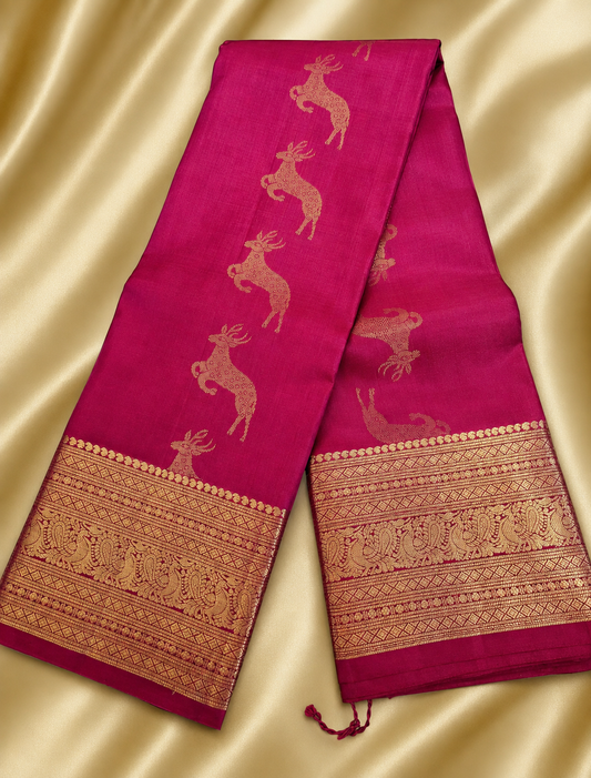 Pure Handloom Kanjeevaram Silk - Fiery Pink Hiran Design & Golden zari border