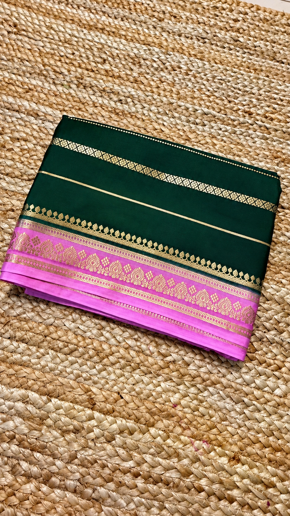 Semi Mysore Crepe Silk - Bottle Green & Baby Pink with Zari Work