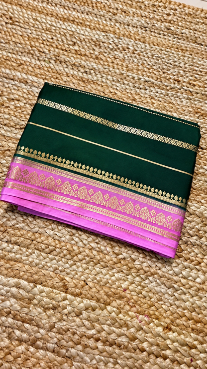 Semi Mysore Crepe Silk - Bottle Green & Baby Pink with Zari Work