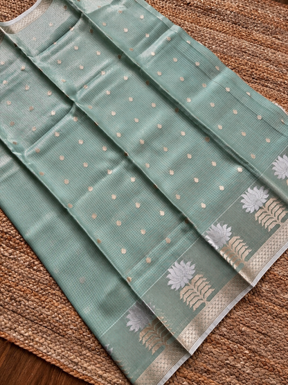 Kota Doria - Pastel Blue with lotus floral border