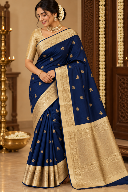 Pure Handloom Silk Kanjeevaram - Steel Navy with Elephant & Temple Motif