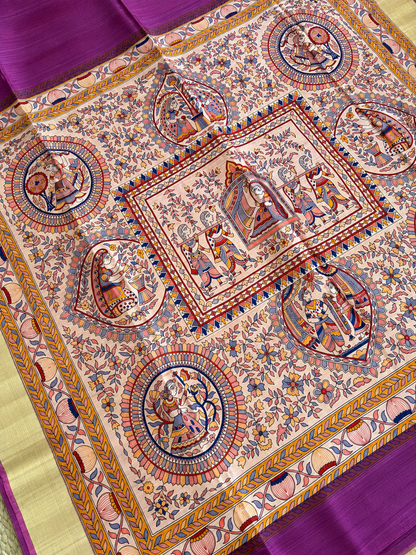 Khadi Raw Silk - Magenta Madhubani Design with Gold border