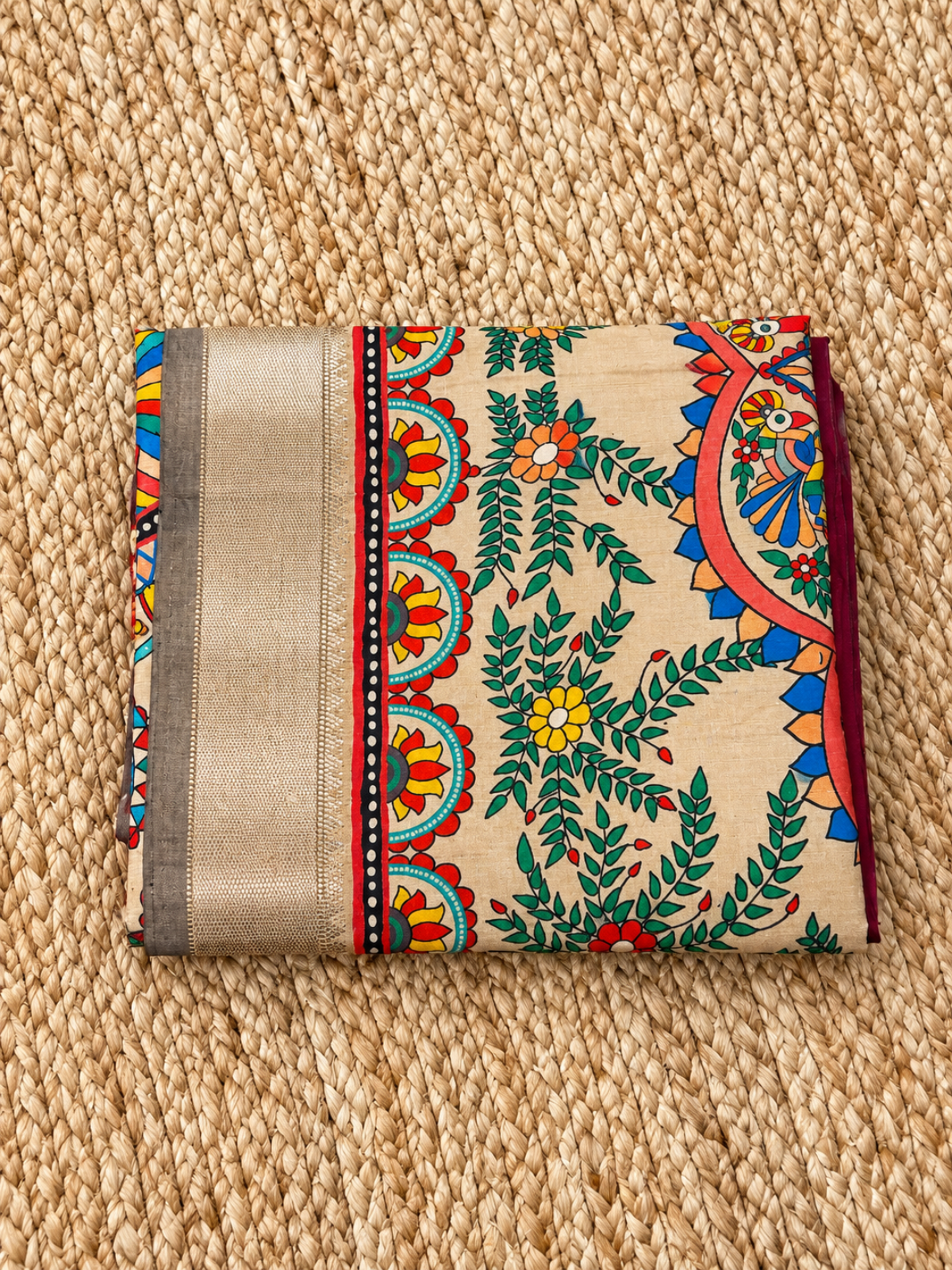 Khadi Raw Silk - Maroon Madhubani Design with Gold border