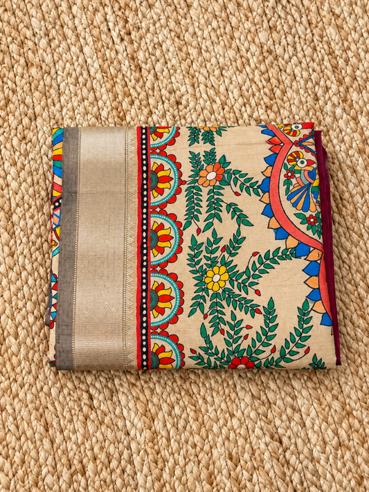 Khadi Raw Silk - Maroon Madhubani Design with Gold border