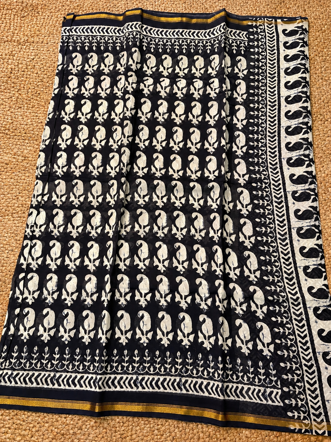 Pure Handloom Chanderi Cotton - Indigo Blue with Mango motifs