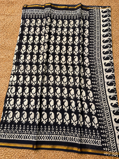Pure Handloom Chanderi Cotton - Indigo Blue with Mango motifs