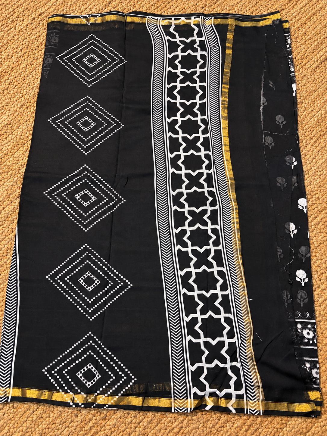 Pure Handloom Chanderi Cotton - Black with floral motif