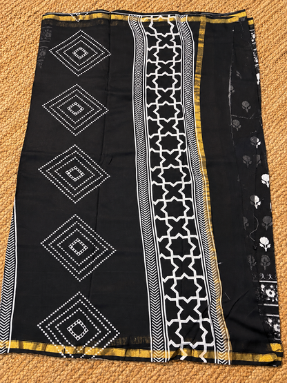 Pure Handloom Chanderi Cotton - Black with floral motif