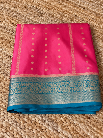 Dola Silk -  Coral Pink & Teal Blue with Zari Bootas