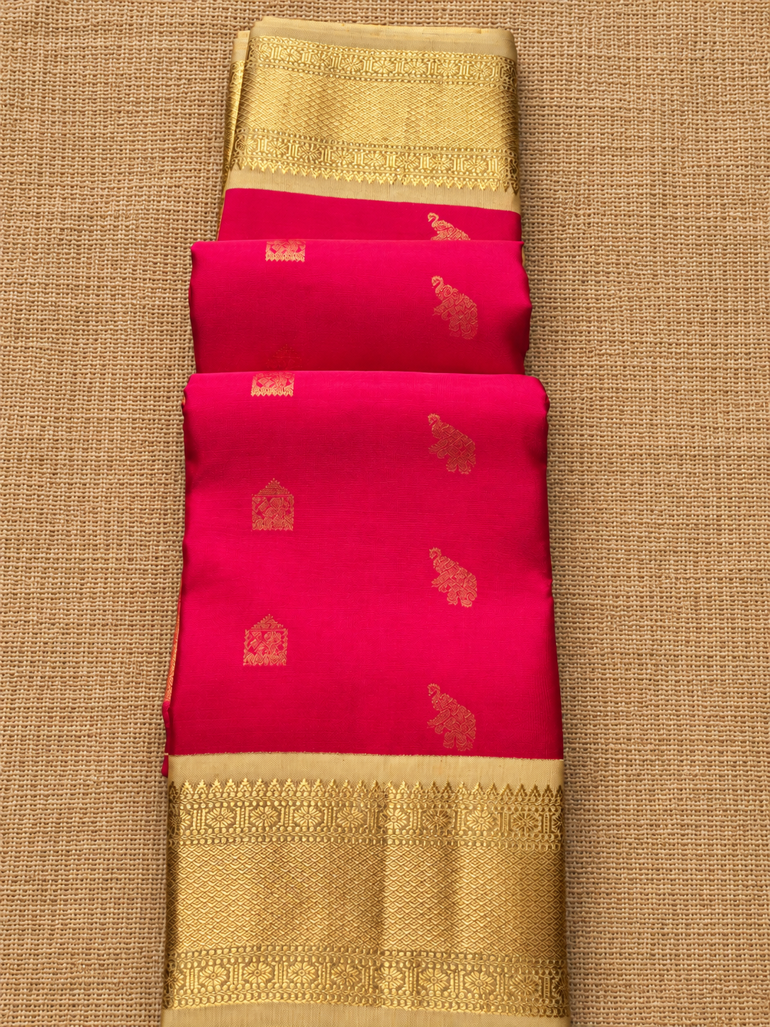 Pure Handloom Silk Kanjeevaram - Coral color with Elephant & Temple Motif