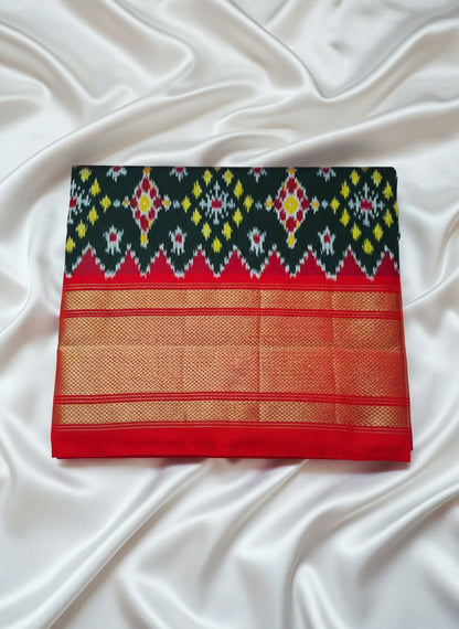Pure Handloom Pochampally Ikat - Patola style Emerald Green & Red