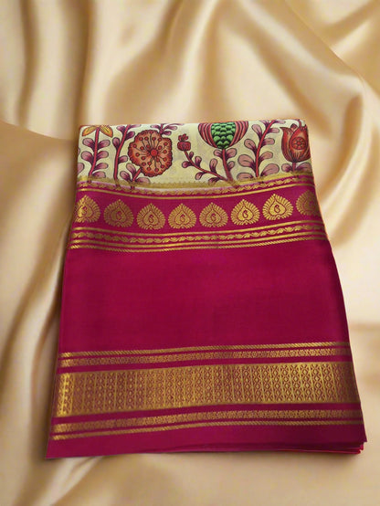 Pure Mysore Crepe Silk - Creme & Bold Pink Anaar Kalamkari