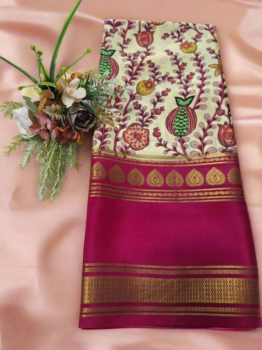 Pure Mysore Crepe Silk - Creme & Bold Pink Anaar Kalamkari