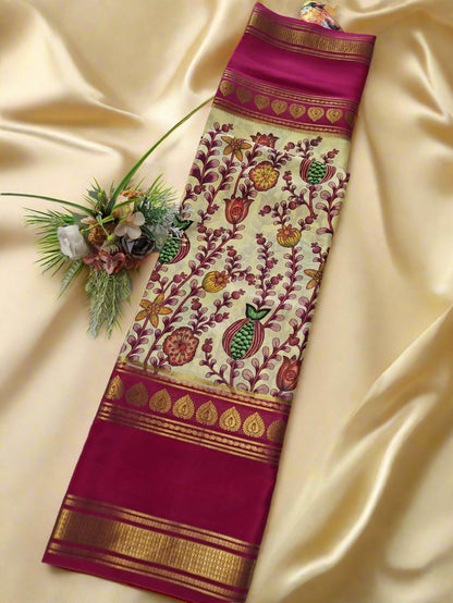 Pure Mysore Crepe Silk - Creme & Bold Pink Anaar Kalamkari