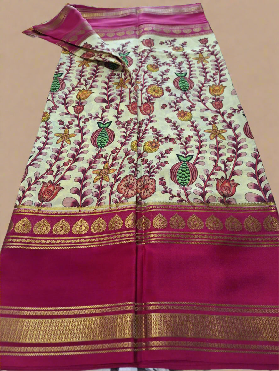 Pure Mysore Crepe Silk - Creme & Bold Pink Anaar Kalamkari