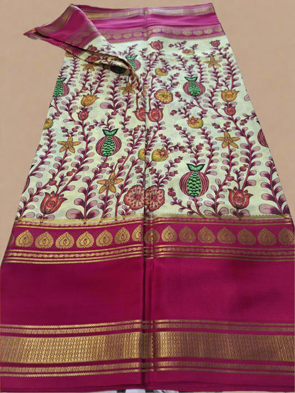 Pure Mysore Crepe Silk - Creme & Bold Pink Anaar Kalamkari