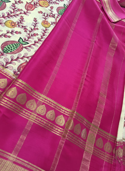 Pure Mysore Crepe Silk - Creme & Bold Pink Anaar Kalamkari