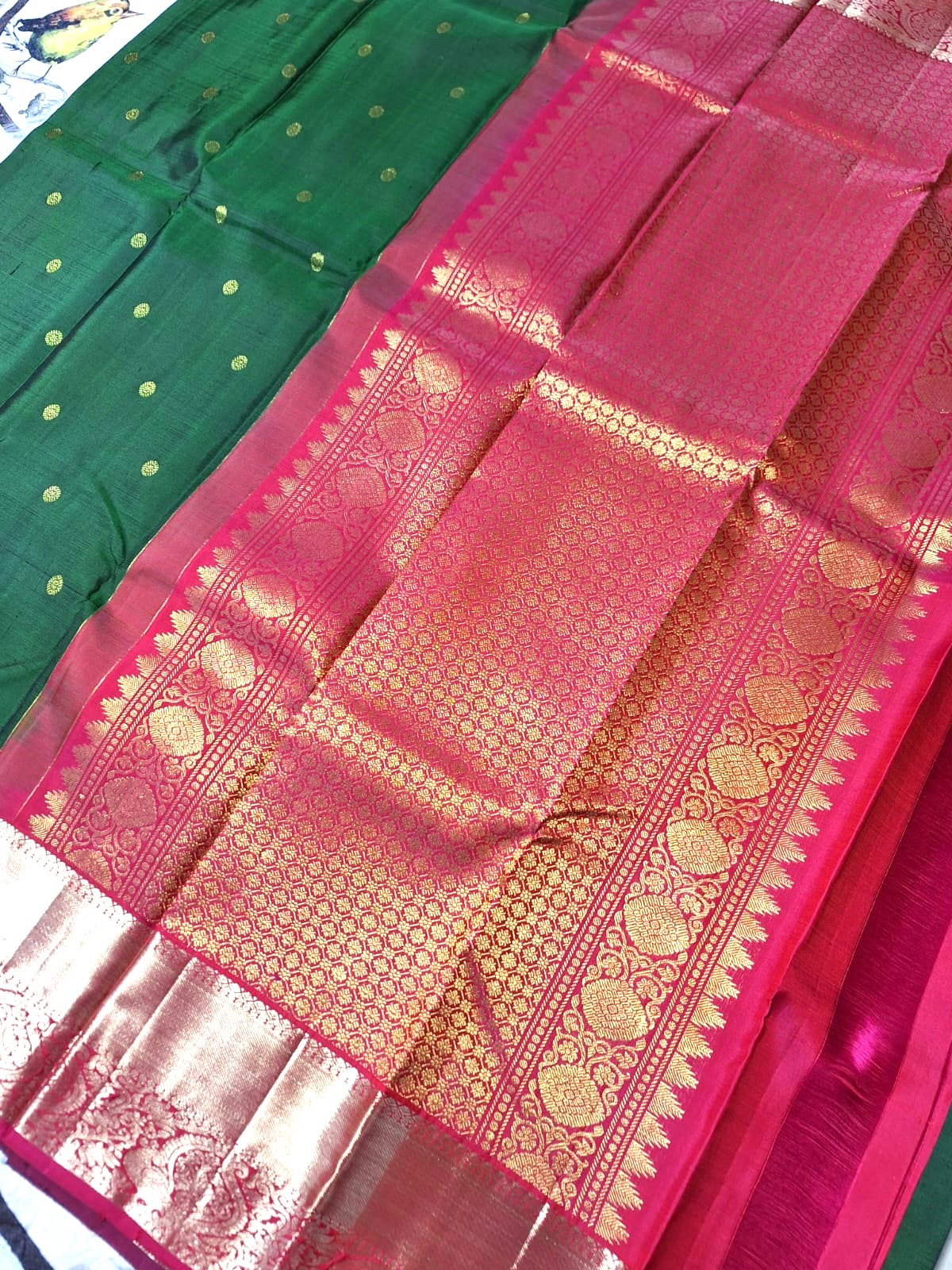 Pure Handloom Kanjeevaram Silk - Emerald Green & Pink with Rudraksh Boota