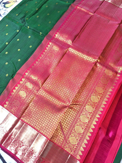 Pure Handloom Kanjeevaram Silk - Emerald Green & Pink with Rudraksh Boota