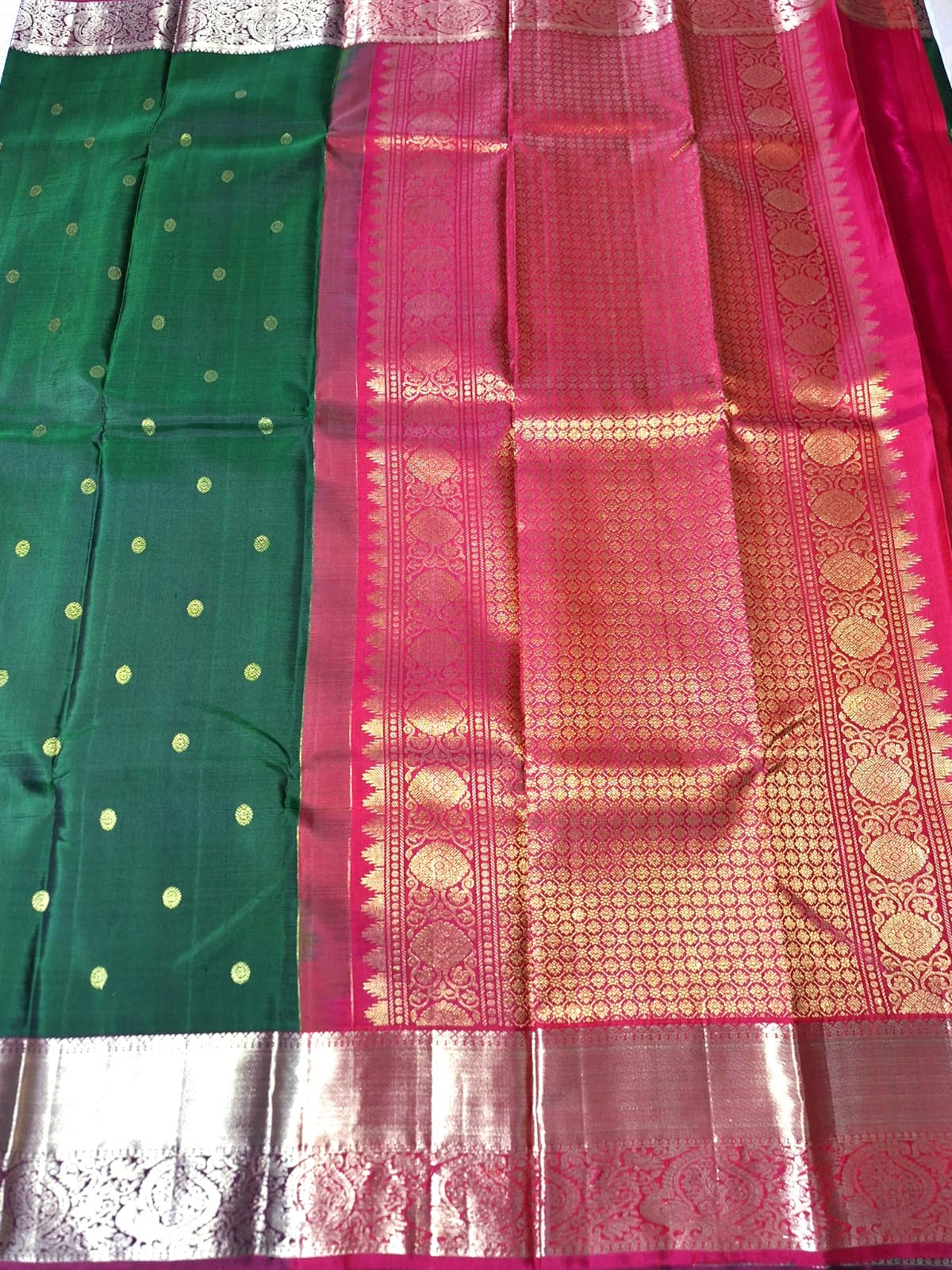 Pure Handloom Kanjeevaram Silk - Emerald Green & Pink with Rudraksh Boota