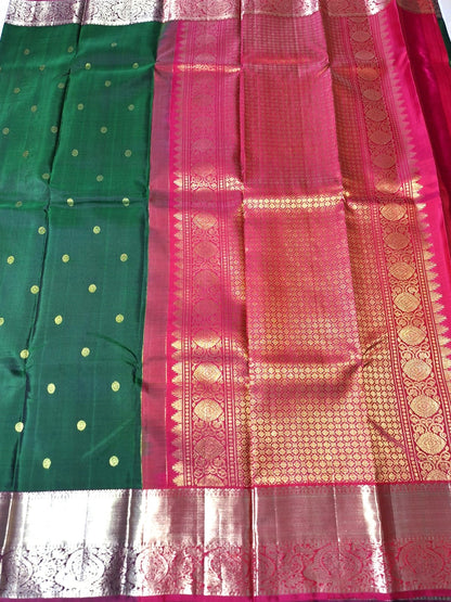 Pure Handloom Kanjeevaram Silk - Emerald Green & Pink with Rudraksh Boota