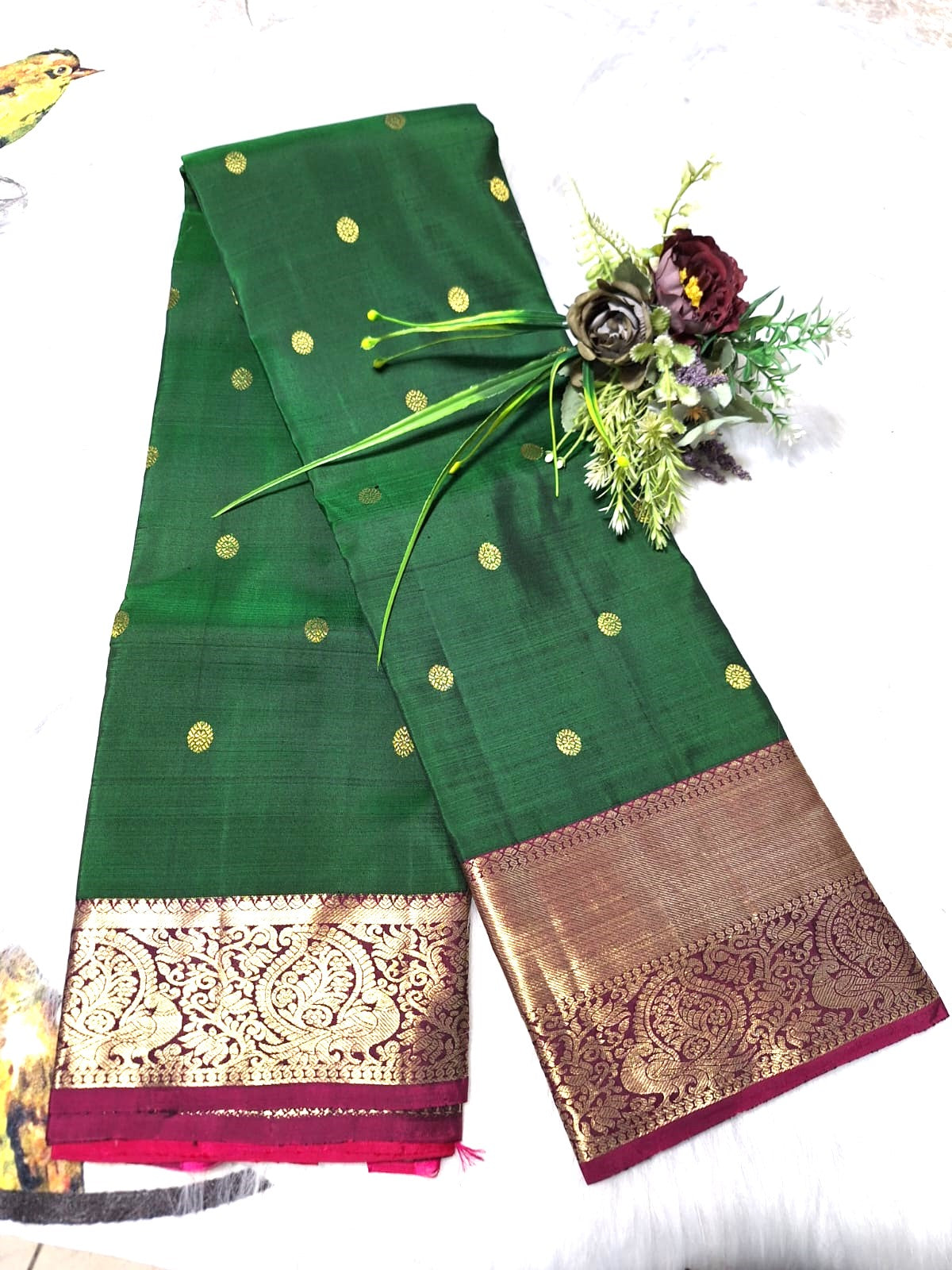 Pure Handloom Kanjeevaram Silk - Emerald Green & Pink with Rudraksh Boota