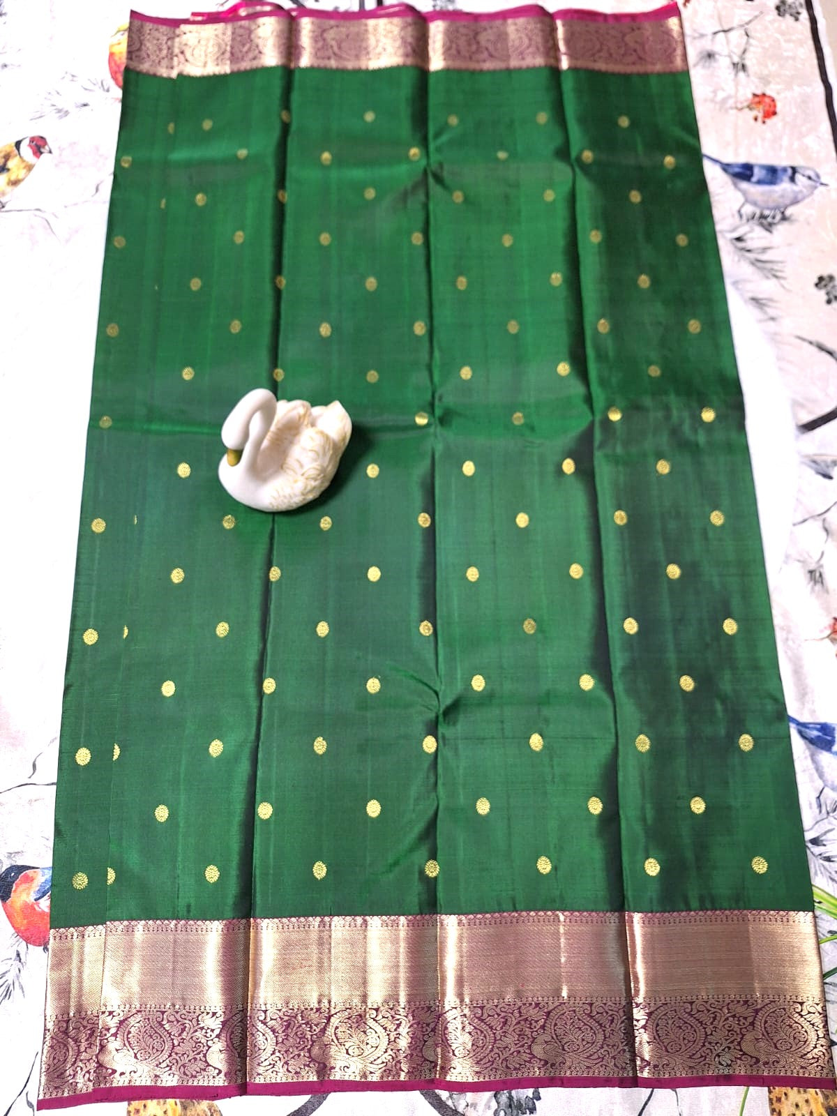 Pure Handloom Kanjeevaram Silk - Emerald Green & Pink with Rudraksh Boota