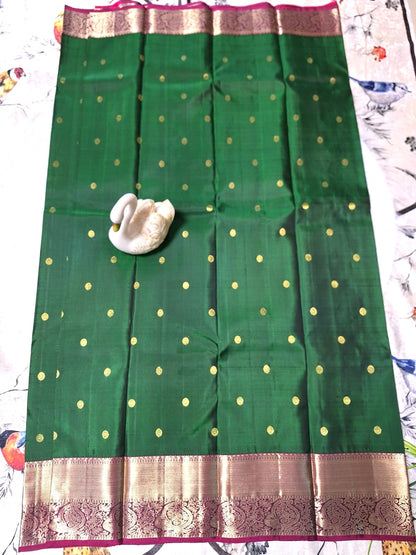 Pure Handloom Kanjeevaram Silk - Emerald Green & Pink with Rudraksh Boota