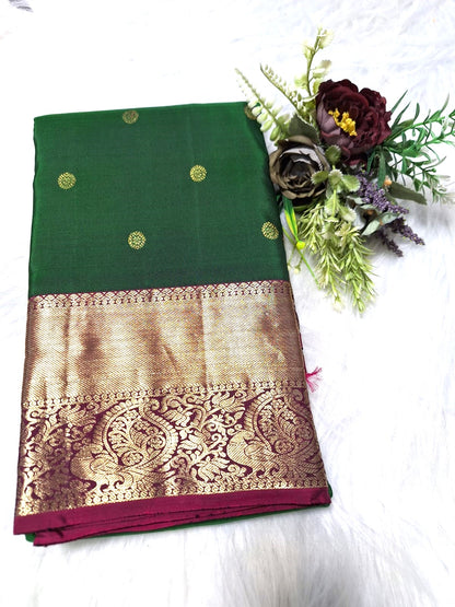 Pure Handloom Kanjeevaram Silk - Emerald Green & Pink with Rudraksh Boota