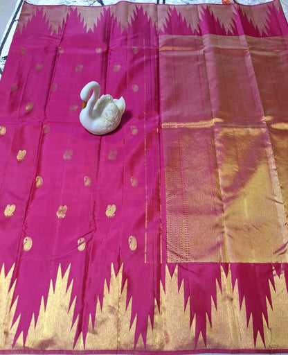 Pure Kanjeevaram-Hot Pink Temple Border Peacock-Mango motifs