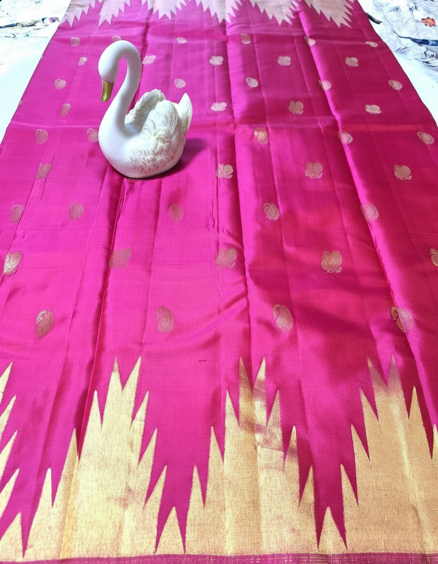 Pure Kanjeevaram-Hot Pink Temple Border Peacock-Mango motifs