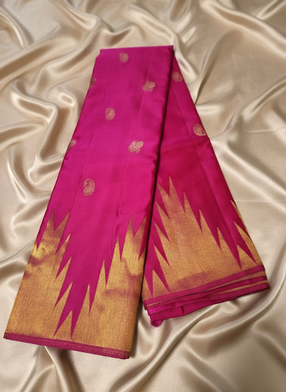 Pure Kanjeevaram-Hot Pink Temple Border Peacock-Mango motifs