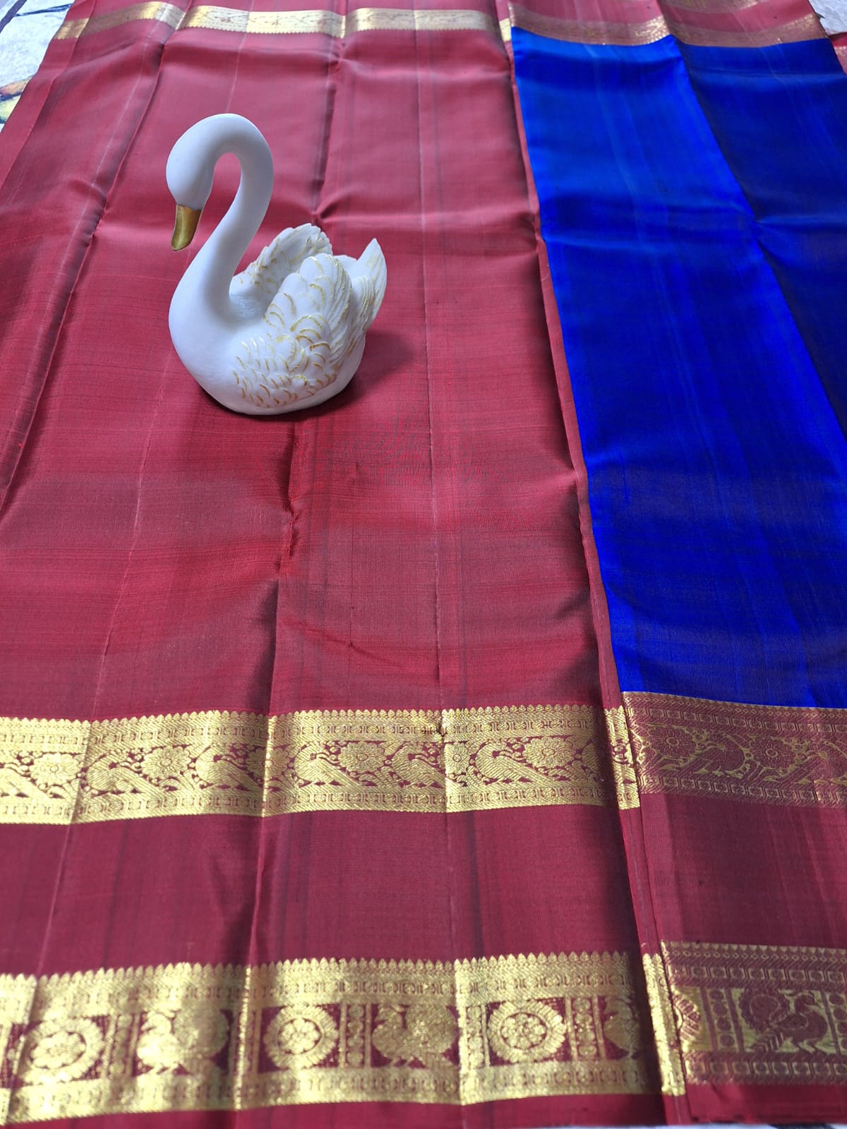 Pure Handloom Kanjeevaram Silk - Royal Blue Red Peacock Motifs with Bentex border