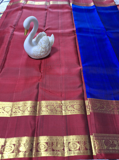 Pure Handloom Kanjeevaram Silk - Royal Blue Red Peacock Motifs with Bentex border