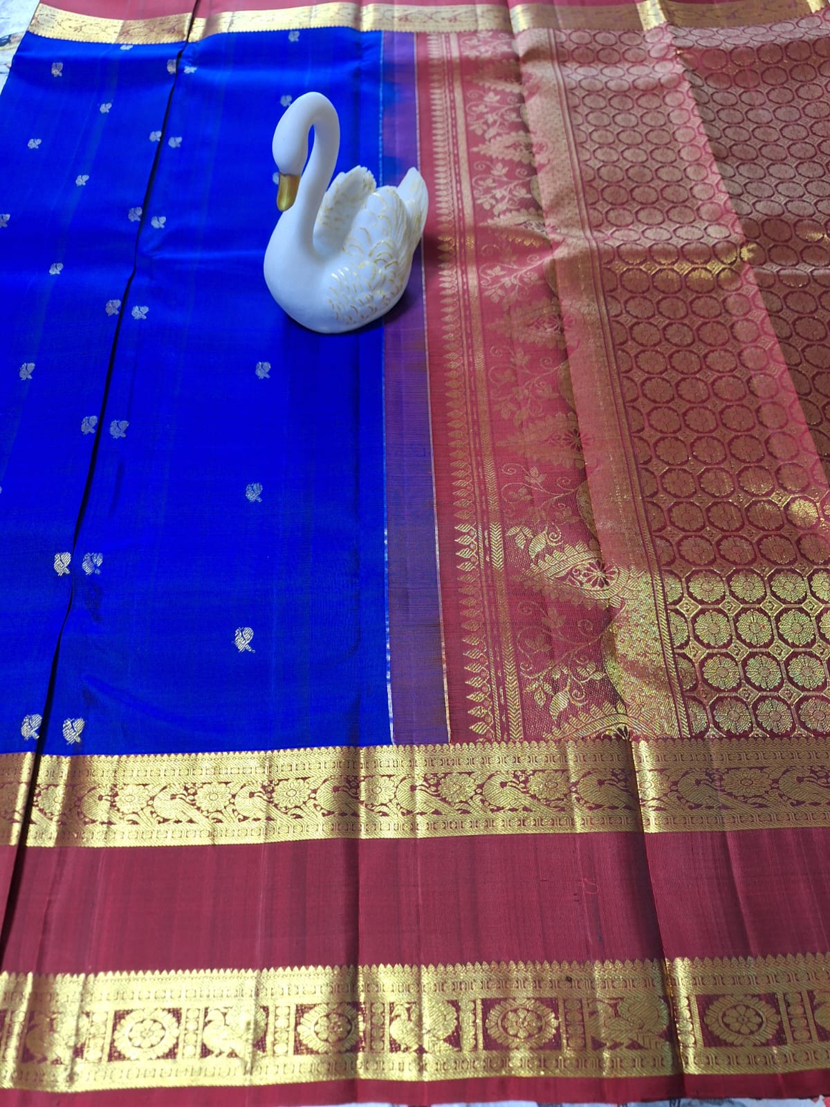 Pure Handloom Kanjeevaram Silk - Royal Blue Red Peacock Motifs with Bentex border