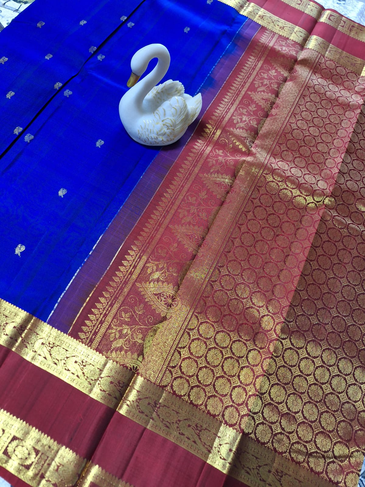 Pure Handloom Kanjeevaram Silk - Royal Blue Red Peacock Motifs with Bentex border